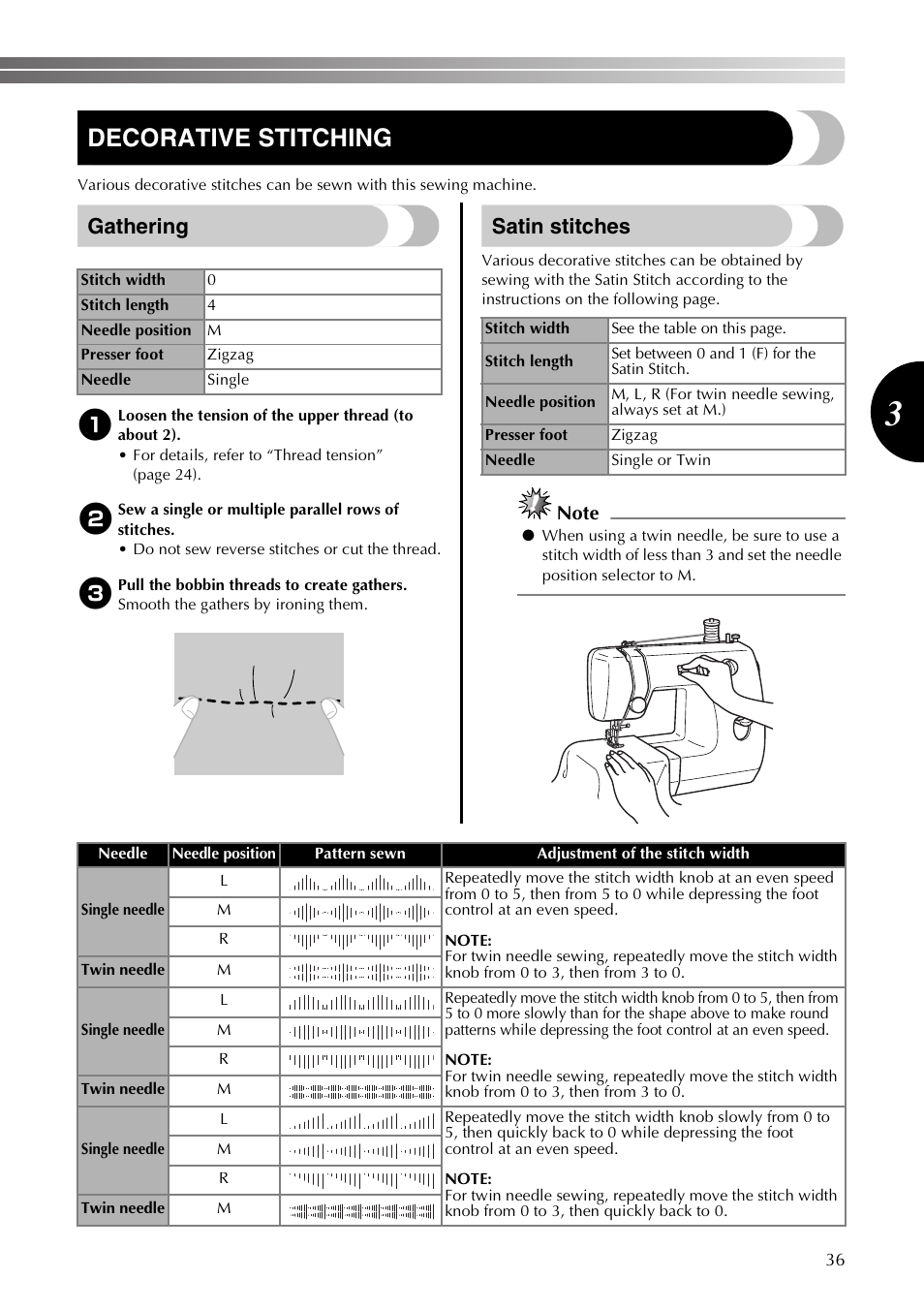 Decorative stitching, Gathering, Satin stitches | Brother LX2375 User Manual | Page 37 / 96
