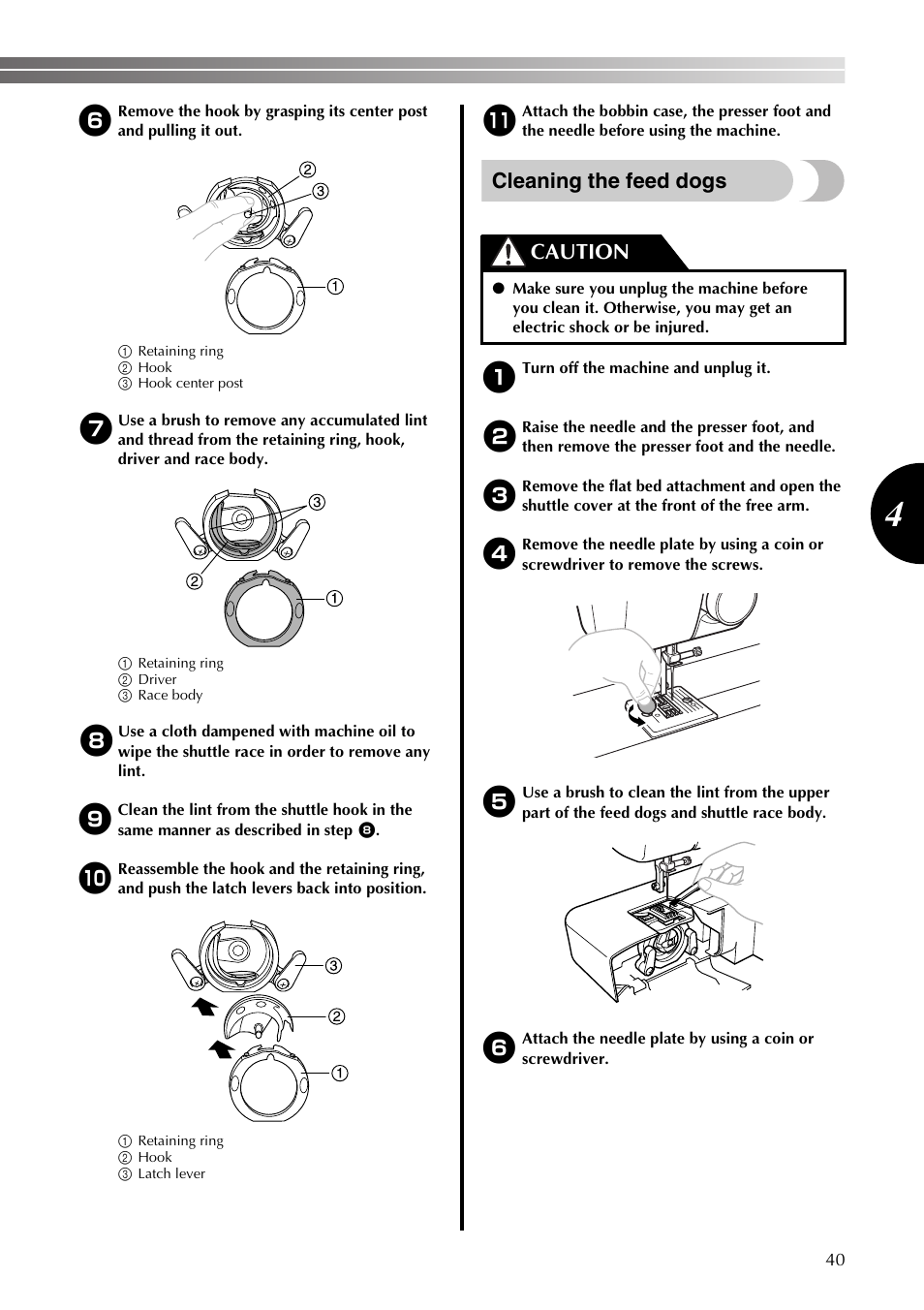Cleaning the feed dogs, Caution | Brother LX2375 User Manual | Page 41 / 96