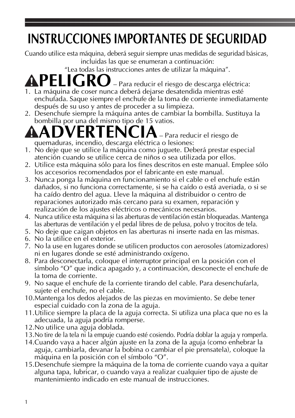 Peligro, Advertencia, Instrucciones importantes de seguridad | Brother LX2375 User Manual | Page 50 / 96