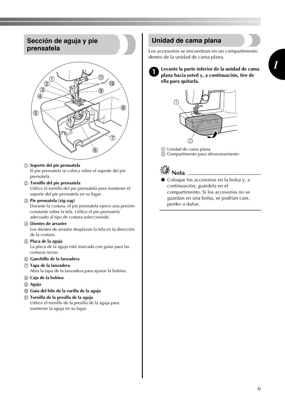 Sección de aguja y pie prensatela, Unidad de cama plana, Nota | Brother LX2375 User Manual | Page 55 / 96