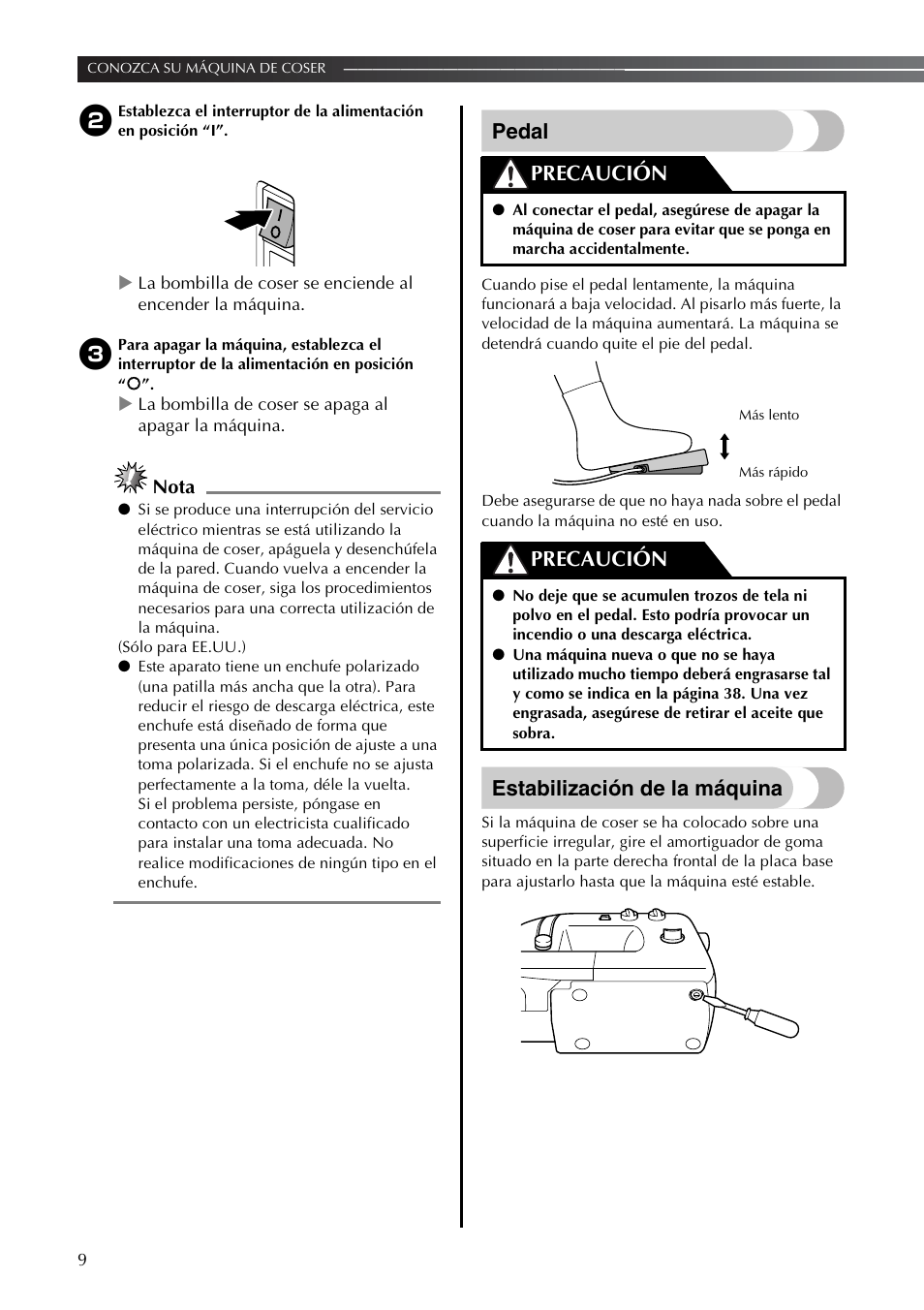 Pedal, Estabilización de la máquina, Precaución | Brother LX2375 User Manual | Page 58 / 96