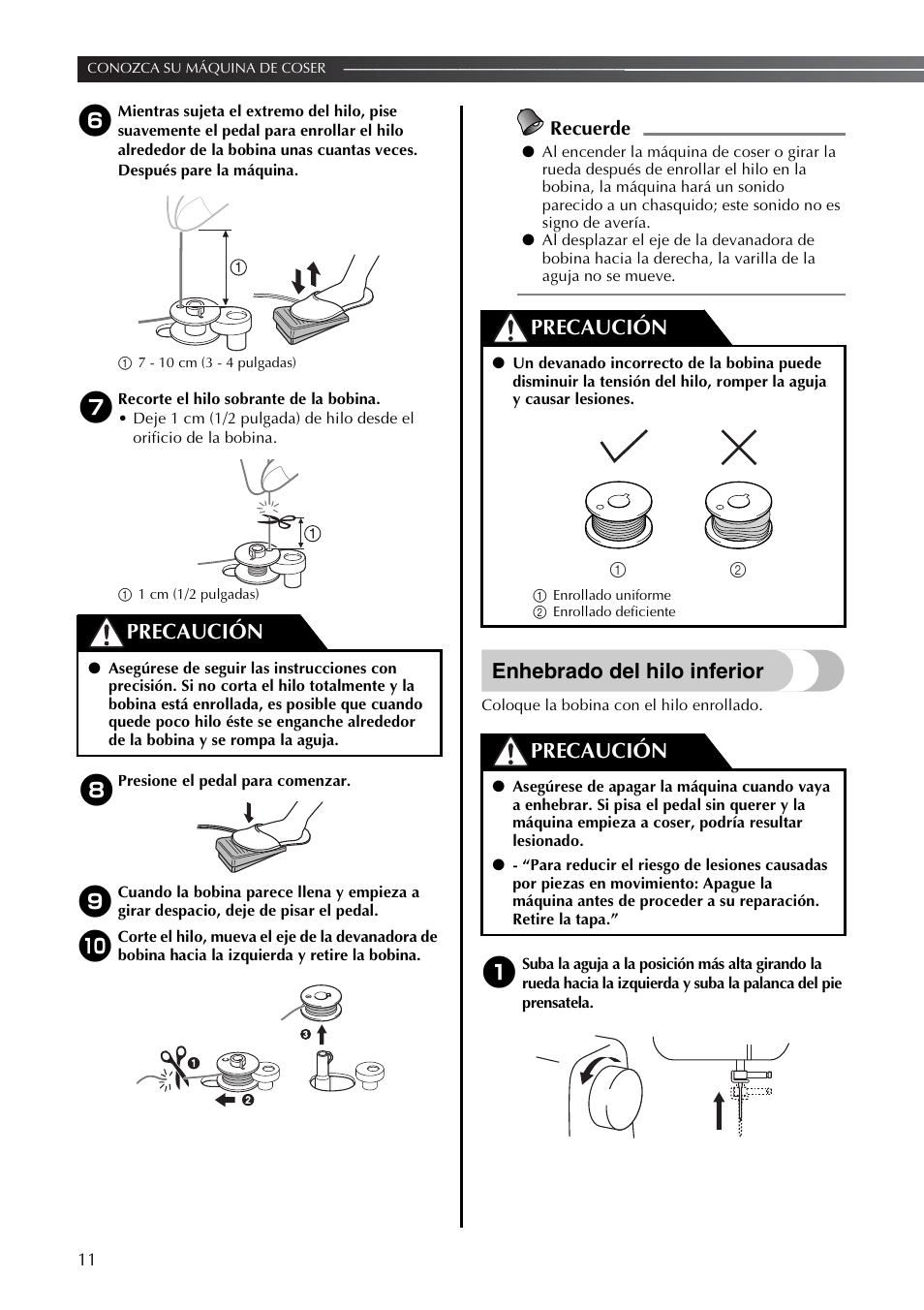Enhebrado del hilo inferior, Precaución, Recuerde | Brother LX2375 User Manual | Page 60 / 96