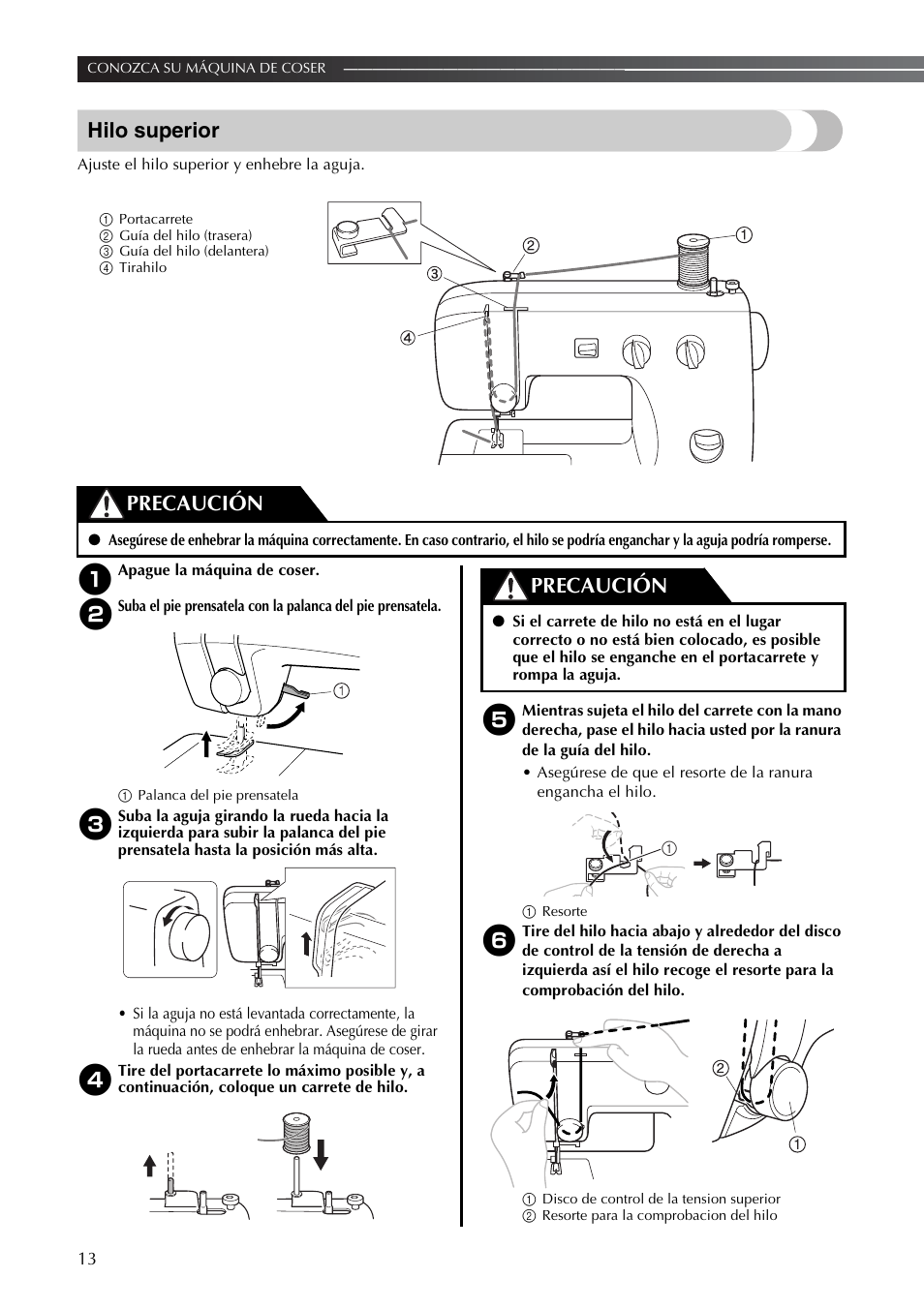 Hilo superior, Precaución | Brother LX2375 User Manual | Page 62 / 96