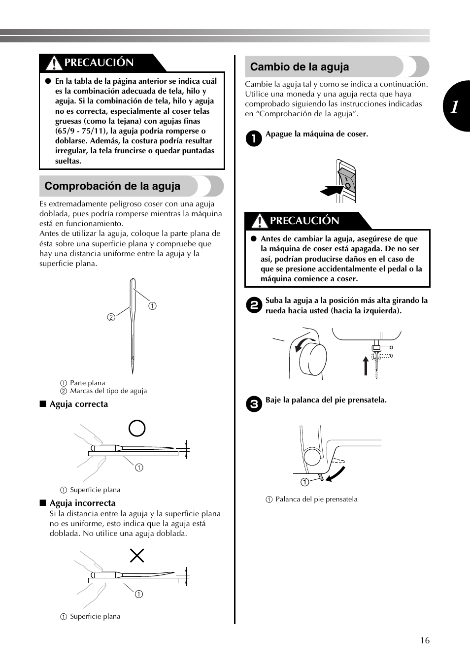 Comprobación de la aguja, Cambio de la aguja, Precaución | Brother LX2375 User Manual | Page 65 / 96