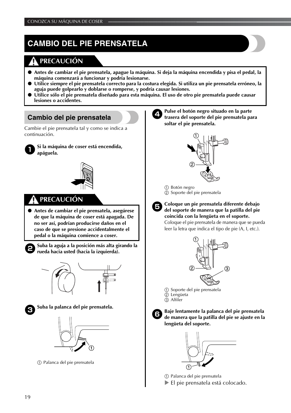 Cambio del pie prensatela, Precaución | Brother LX2375 User Manual | Page 68 / 96
