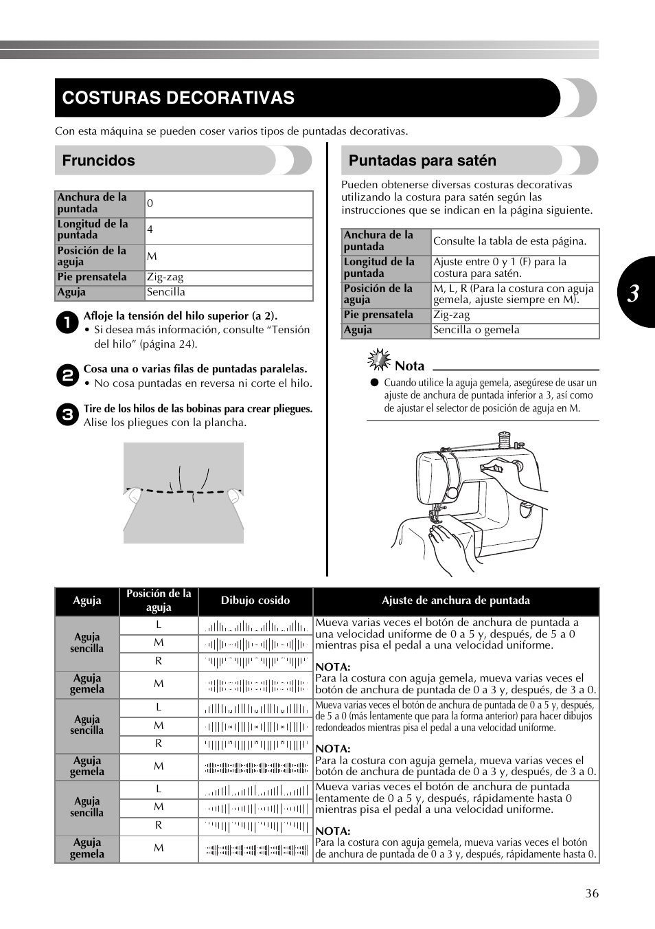 Costuras decorativas, Fruncidos, Puntadas para satén | Nota | Brother LX2375 User Manual | Page 85 / 96