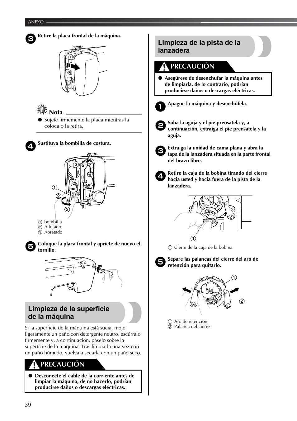 Limpieza de la superficie de la máquina, Limpieza de la pista de la lanzadera, Precaución | Nota | Brother LX2375 User Manual | Page 88 / 96