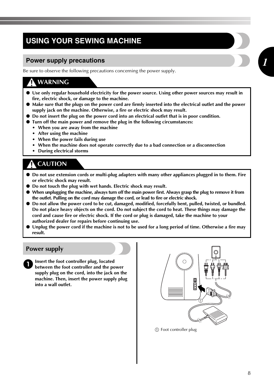 Using your sewing machine, Power supply precautions, Power supply | Warning caution | Brother LX2375 User Manual | Page 9 / 96