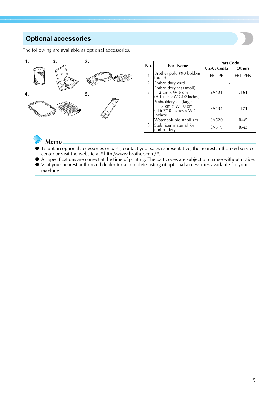 Optional accessories | Brother SB7050E User Manual | Page 11 / 96