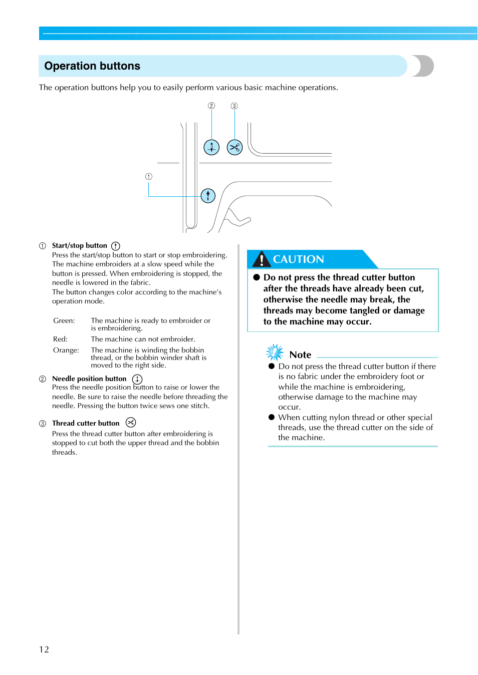 Operation buttons, Caution | Brother SB7050E User Manual | Page 14 / 96