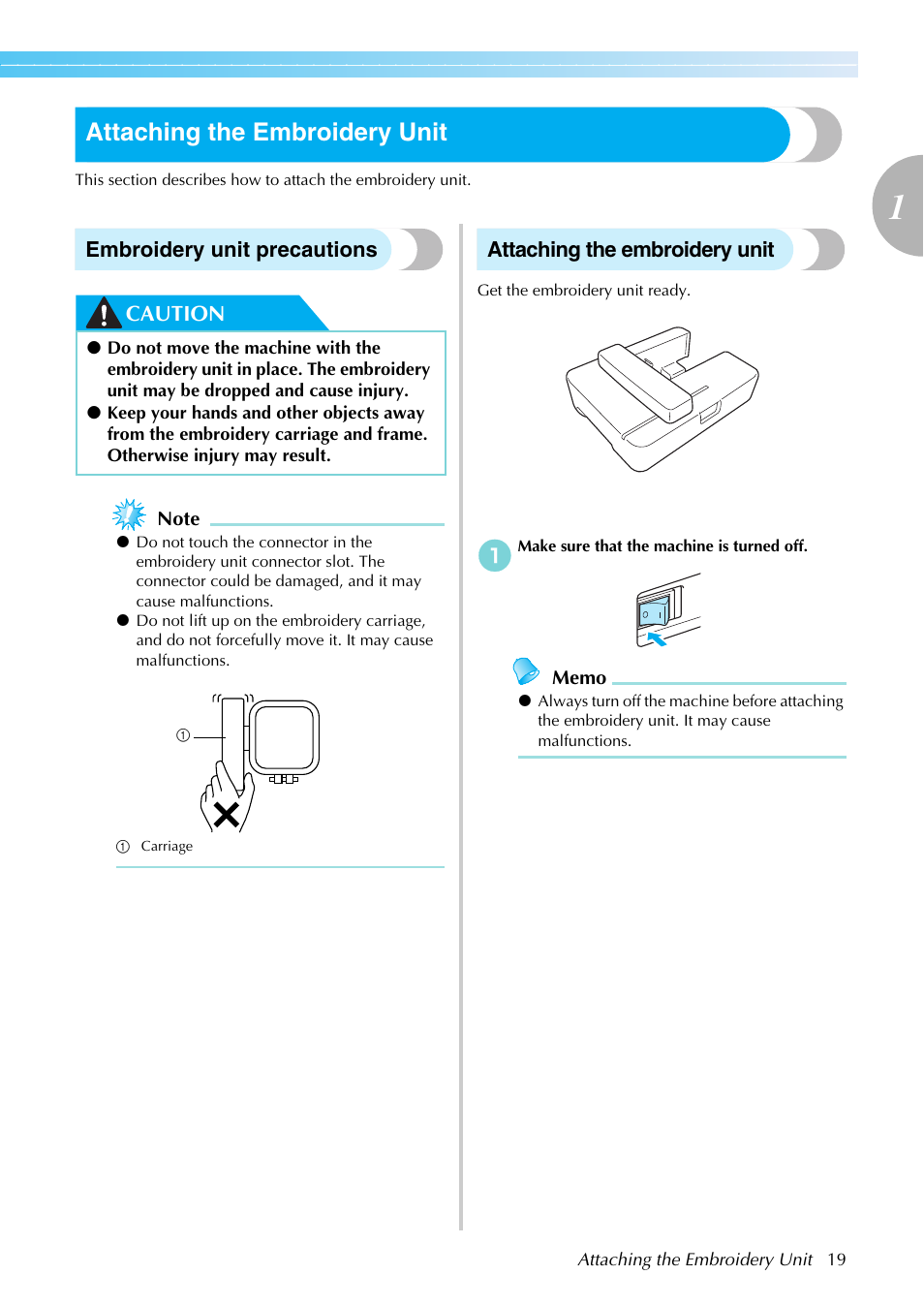 Attaching the embroidery unit, Embroidery unit precautions caution | Brother SB7050E User Manual | Page 21 / 96
