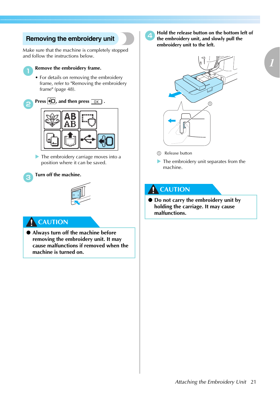 Removing the embroidery unit, Caution | Brother SB7050E User Manual | Page 23 / 96