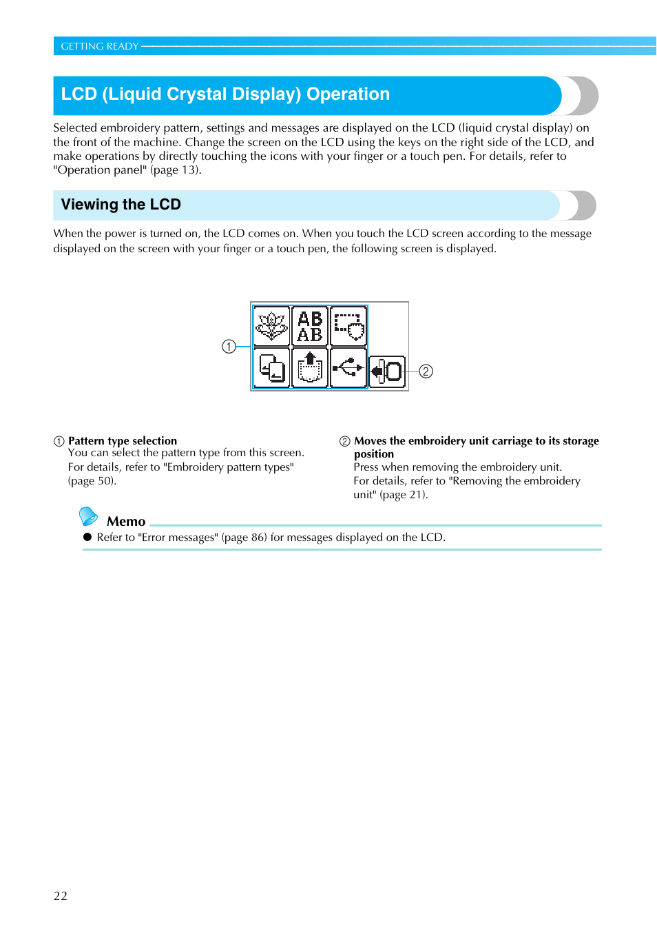 Lcd (liquid crystal display) operation, Viewing the lcd | Brother SB7050E User Manual | Page 24 / 96