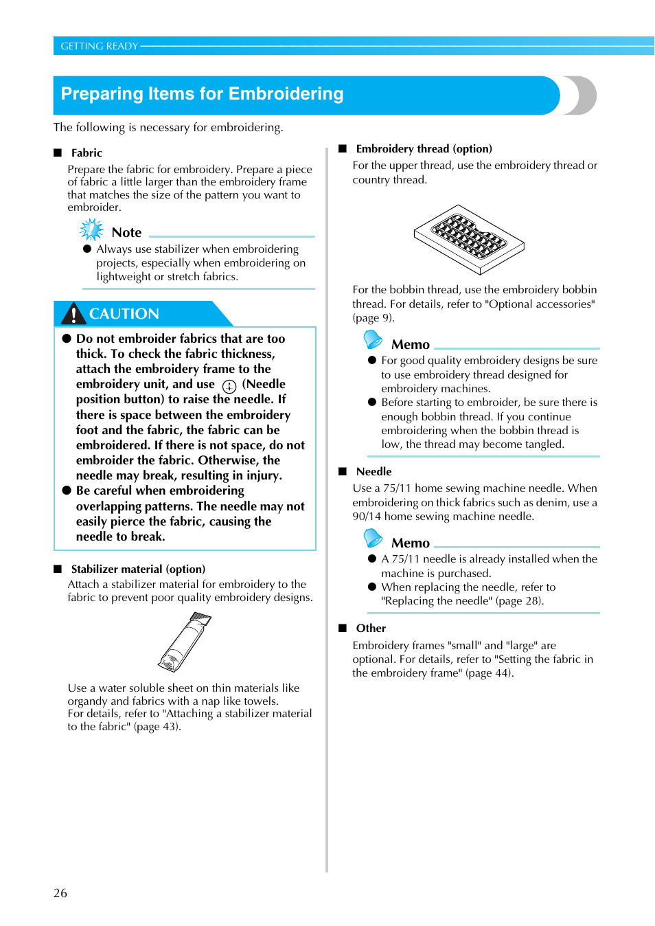 Preparing items for embroidering, Caution | Brother SB7050E User Manual | Page 28 / 96