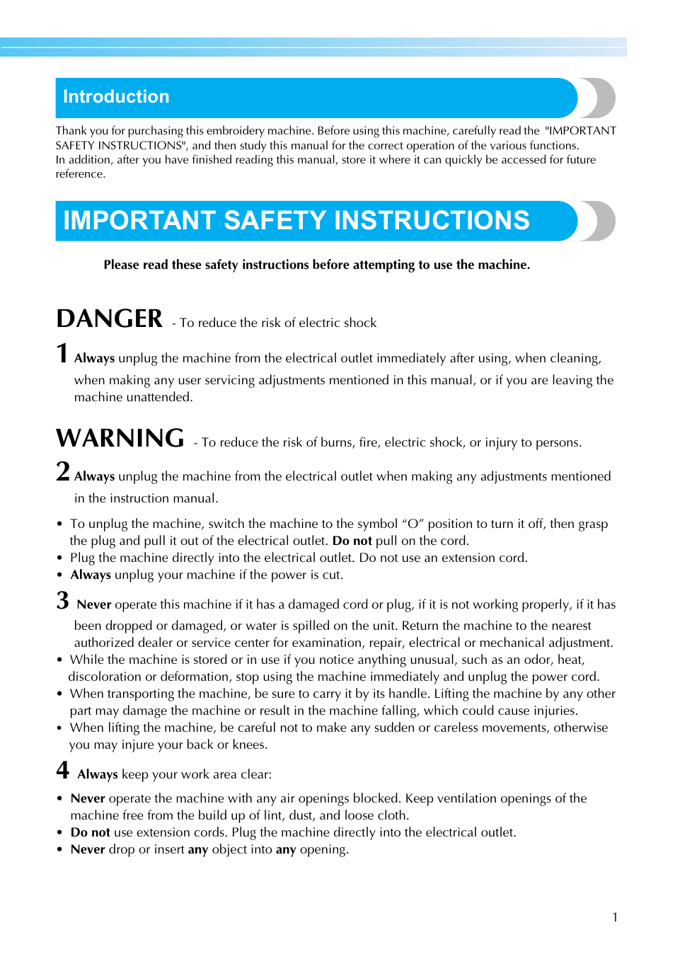 Important safety instructions, Danger, Warning | Brother SB7050E User Manual | Page 3 / 96