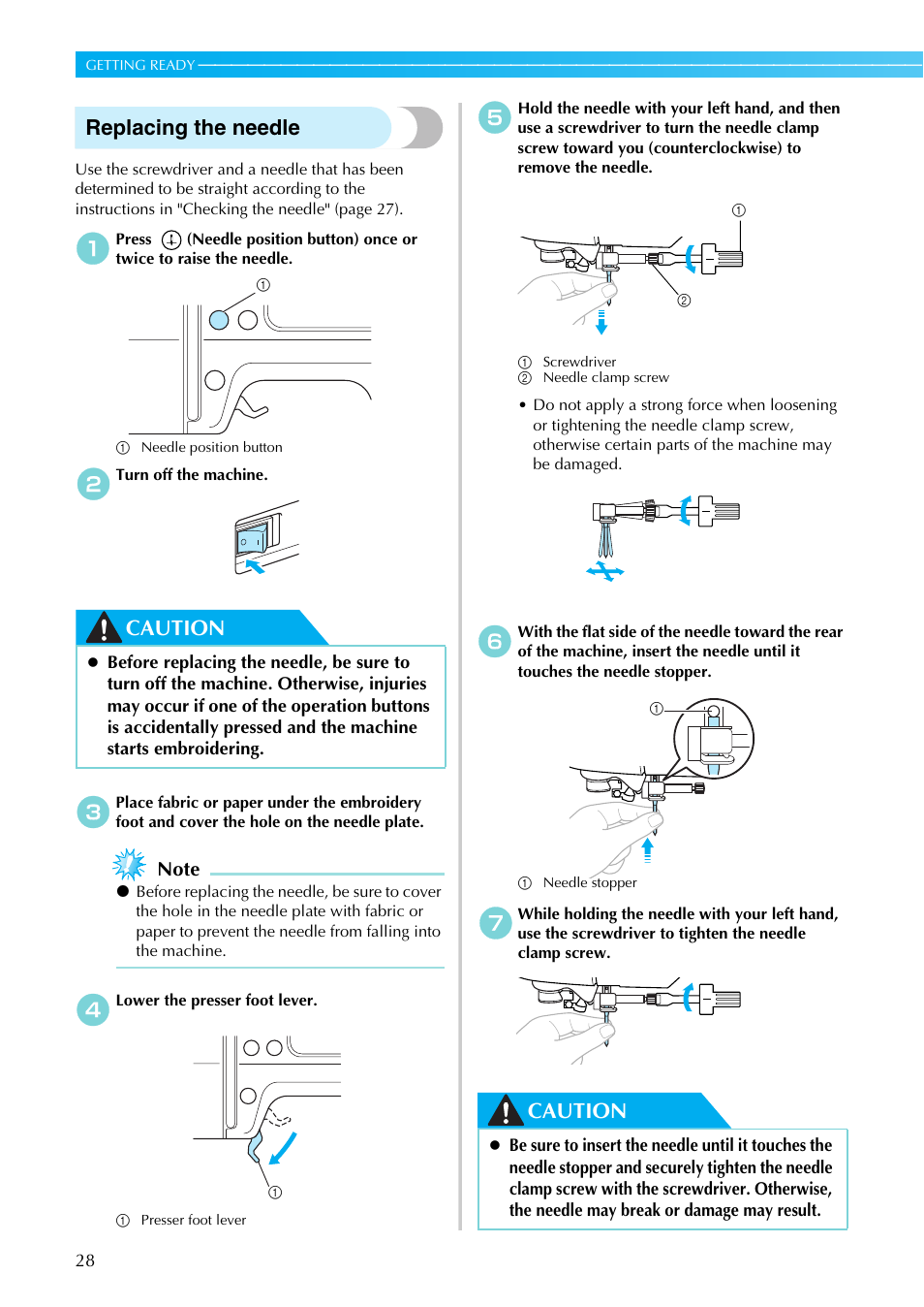 Replacing the needle, Caution | Brother SB7050E User Manual | Page 30 / 96