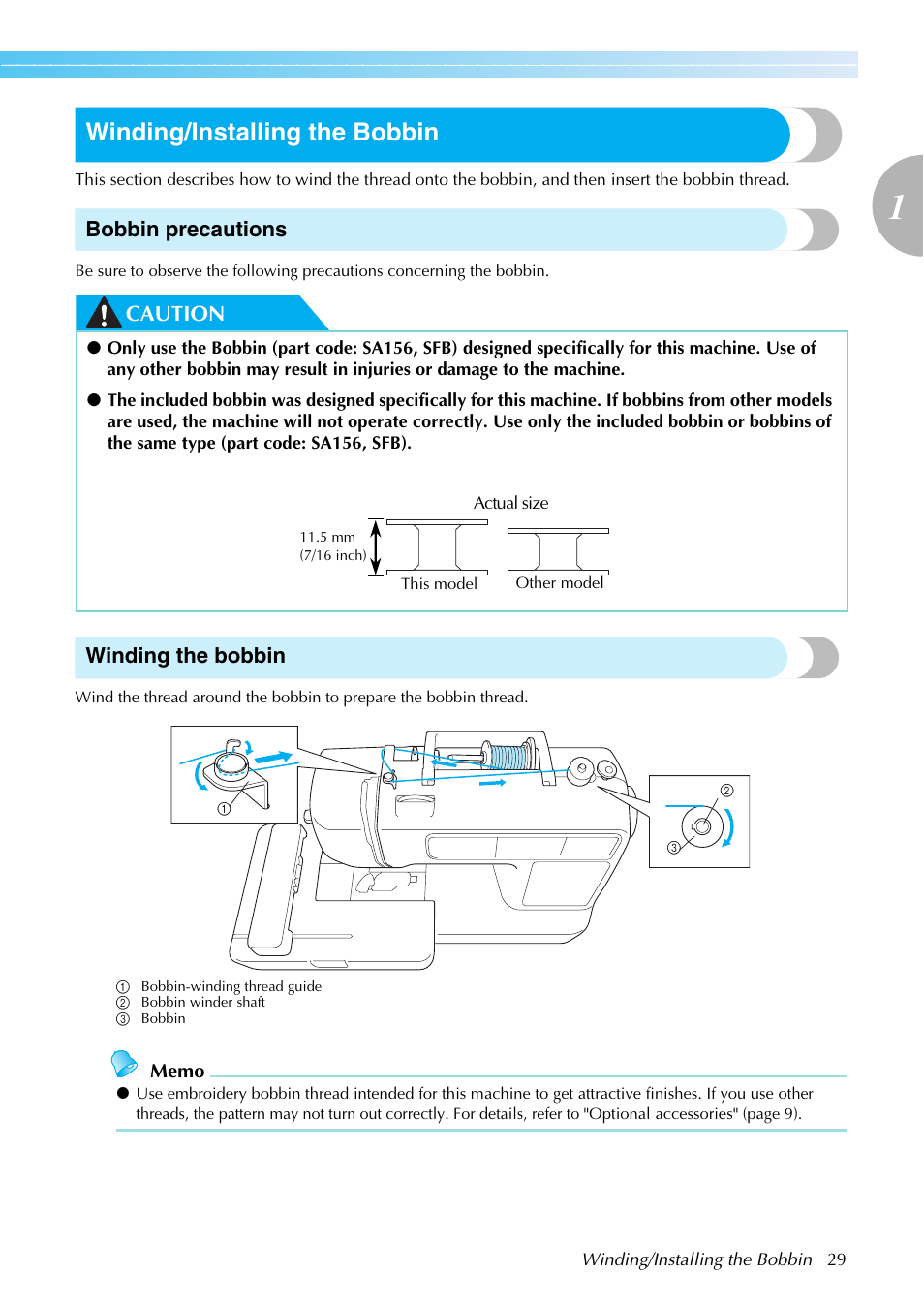 Winding/installing the bobbin, Bobbin precautions, Caution winding the bobbin | Brother SB7050E User Manual | Page 31 / 96
