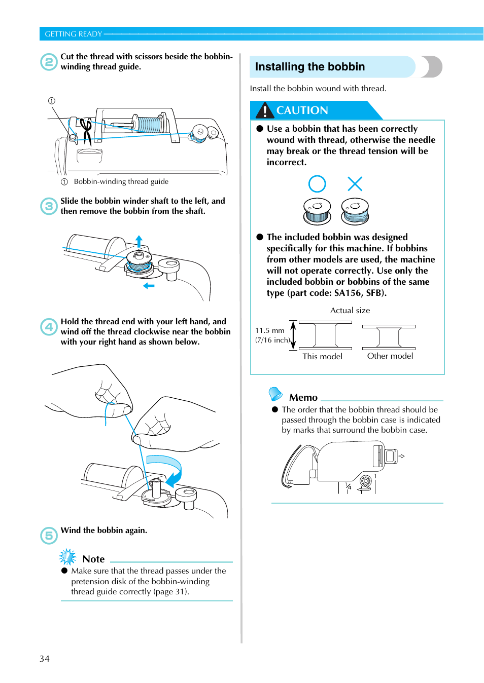 Installing the bobbin, Caution | Brother SB7050E User Manual | Page 36 / 96