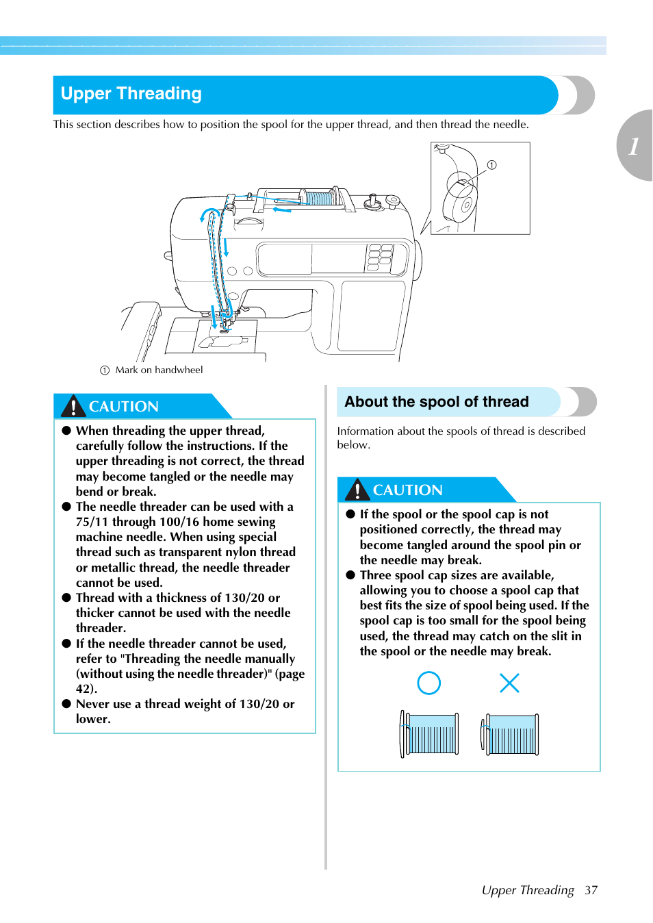 Upper threading, Caution about the spool of thread, Caution | Brother SB7050E User Manual | Page 39 / 96