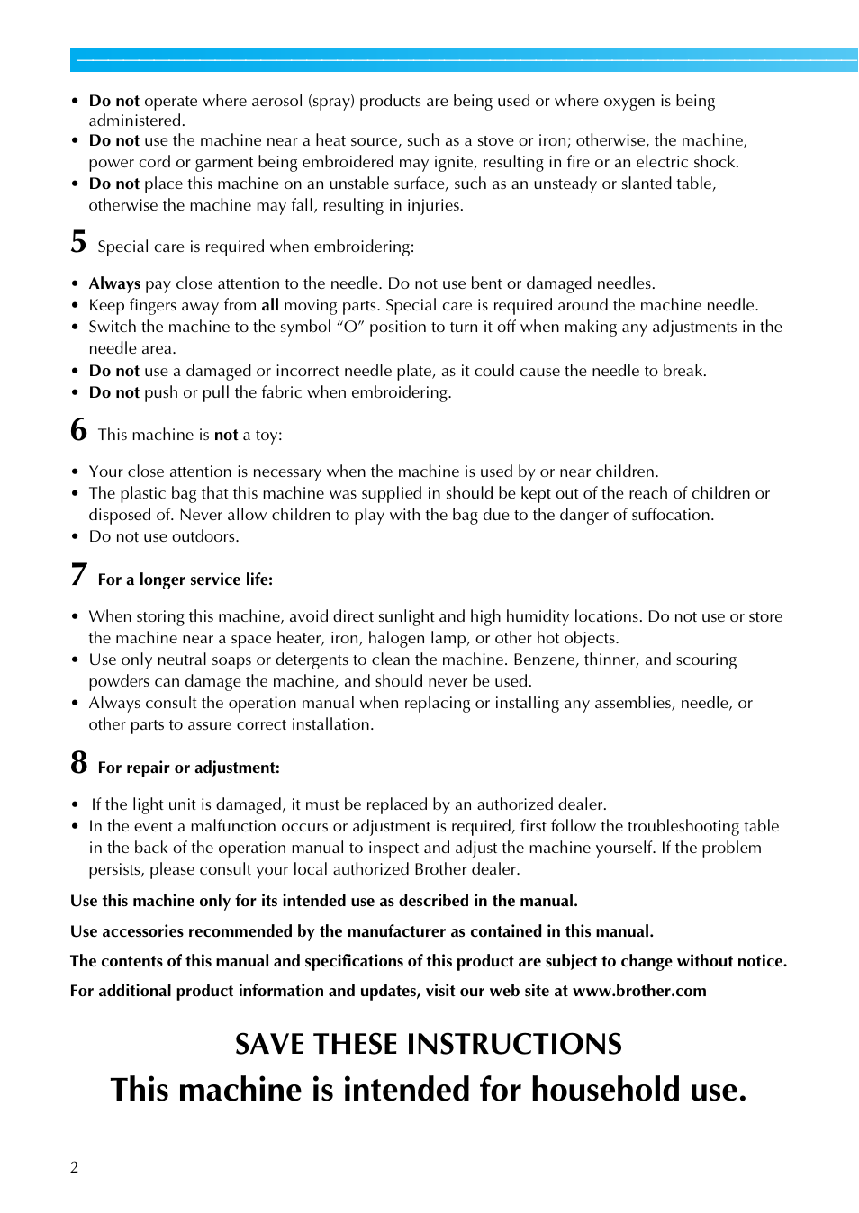 This machine is intended for household use, Save these instructions | Brother SB7050E User Manual | Page 4 / 96