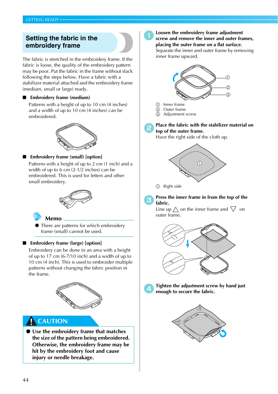 Setting the fabric in the embroidery frame, Caution | Brother SB7050E User Manual | Page 46 / 96