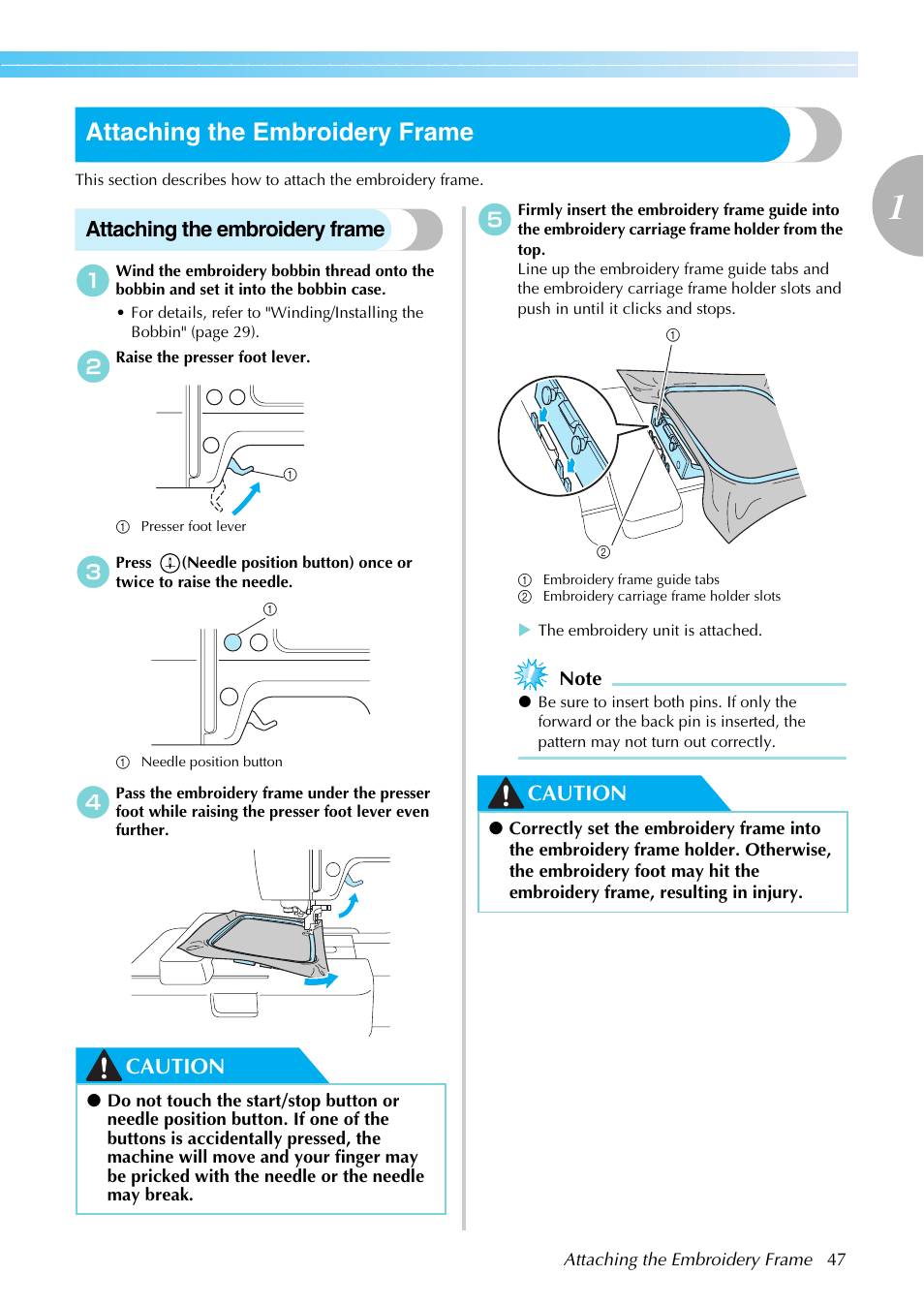 Attaching the embroidery frame, Caution | Brother SB7050E User Manual | Page 49 / 96