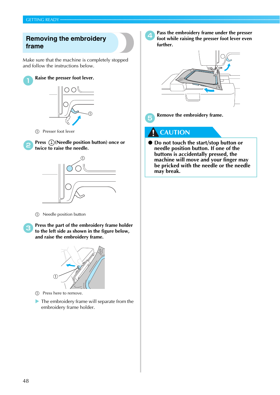 Removing the embroidery frame, Caution | Brother SB7050E User Manual | Page 50 / 96