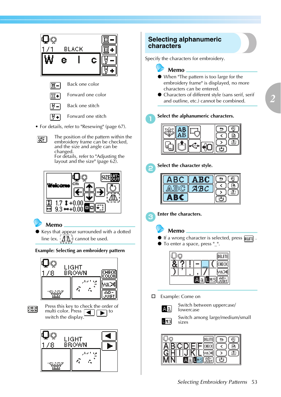 Selecting alphanumeric characters | Brother SB7050E User Manual | Page 55 / 96