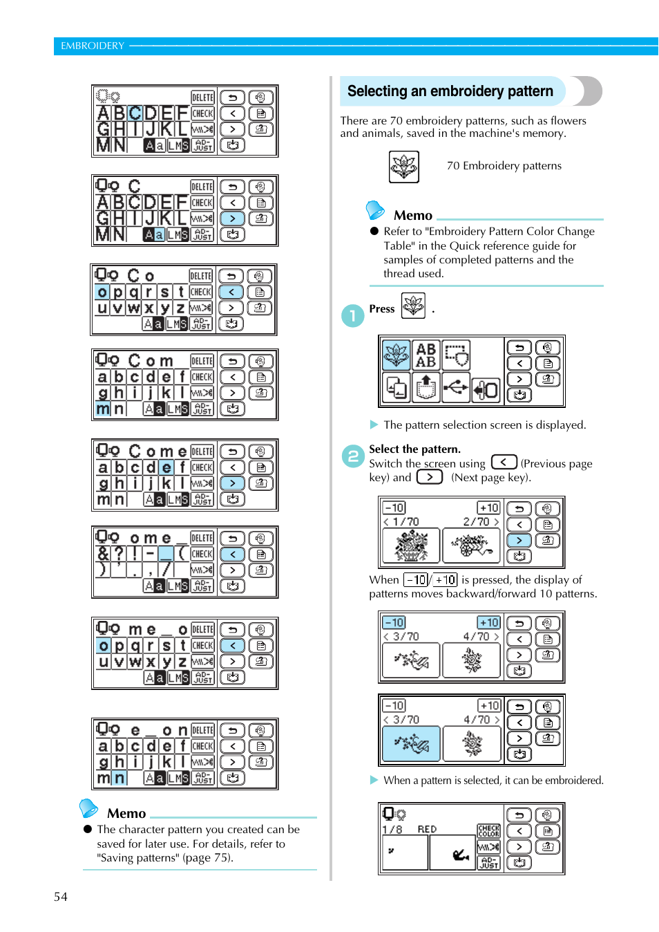 Selecting an embroidery pattern | Brother SB7050E User Manual | Page 56 / 96