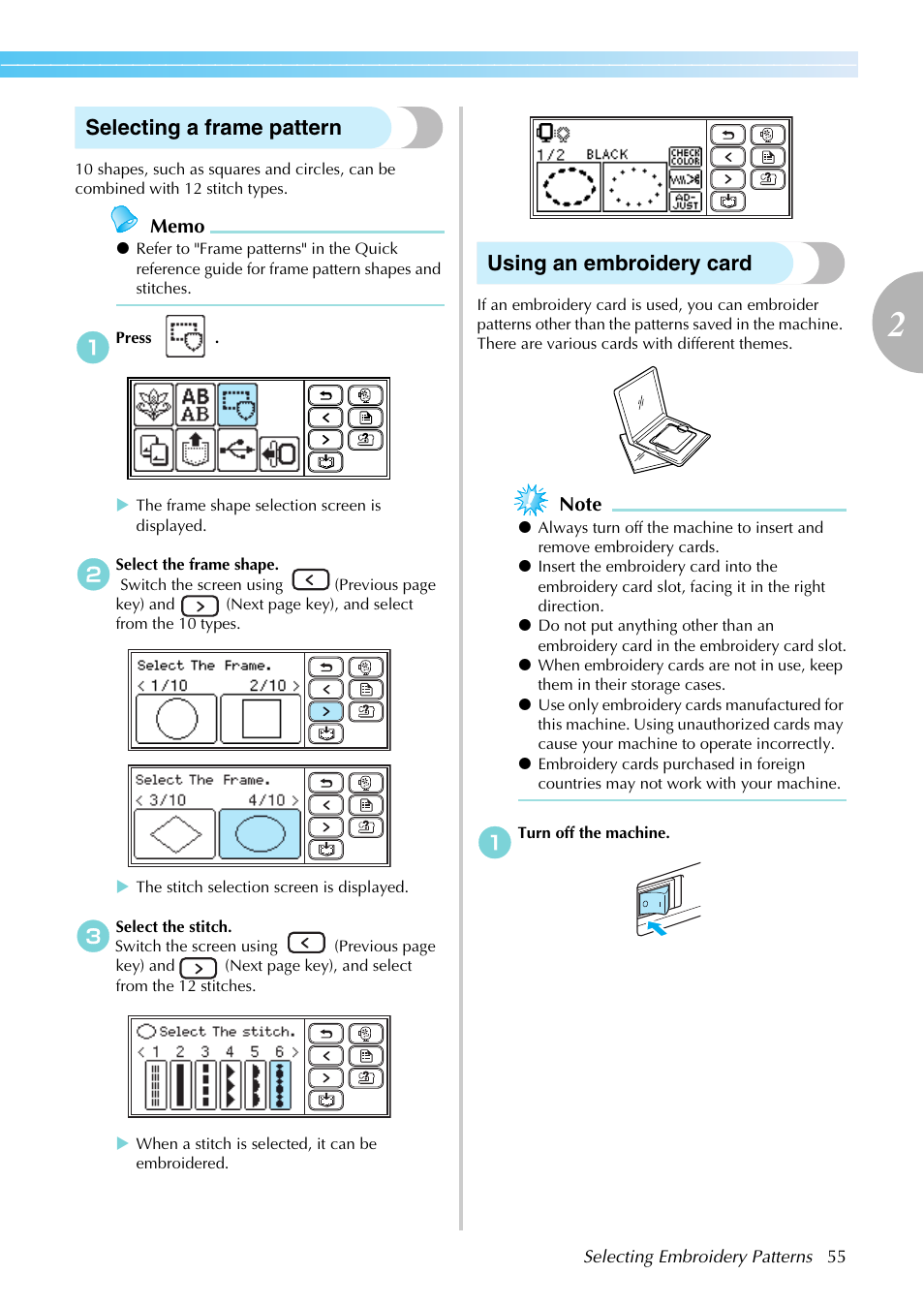 Selecting a frame pattern, Using an embroidery card | Brother SB7050E User Manual | Page 57 / 96