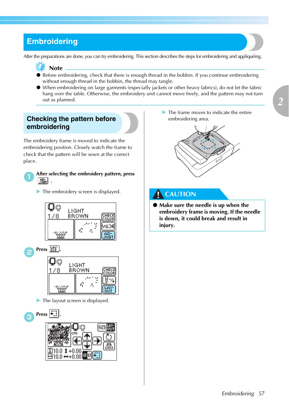 Embroidering, Checking the pattern before embroidering, Caution | Brother SB7050E User Manual | Page 59 / 96