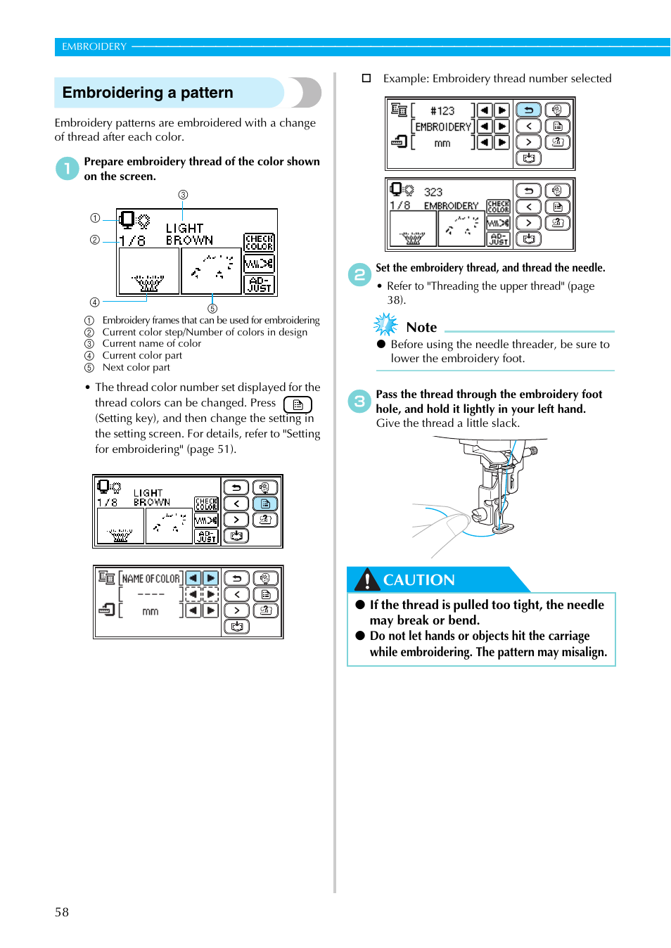 Embroidering a pattern, Caution | Brother SB7050E User Manual | Page 60 / 96