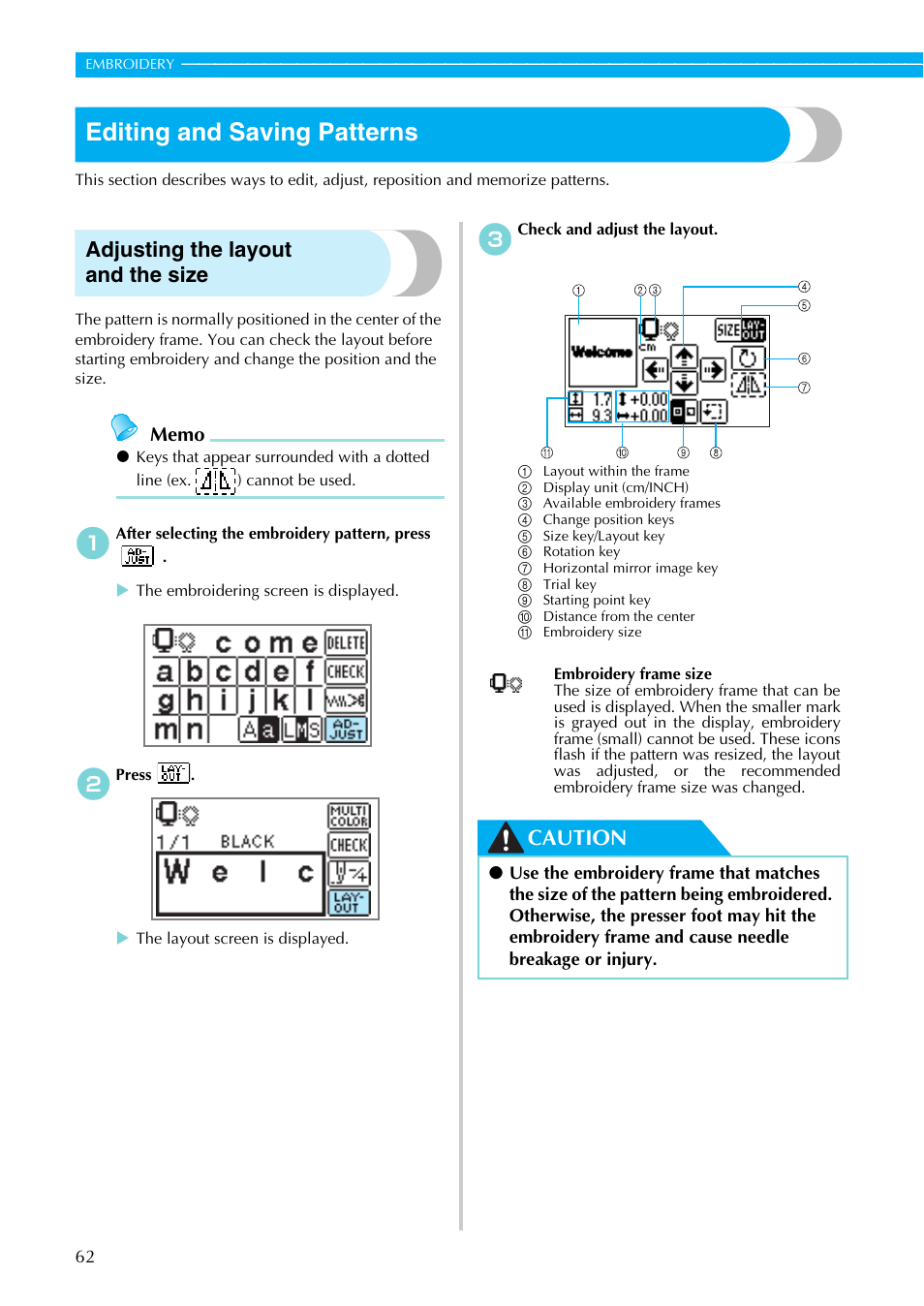 Editing and saving patterns, Adjusting the layout and the size, Caution | Brother SB7050E User Manual | Page 64 / 96