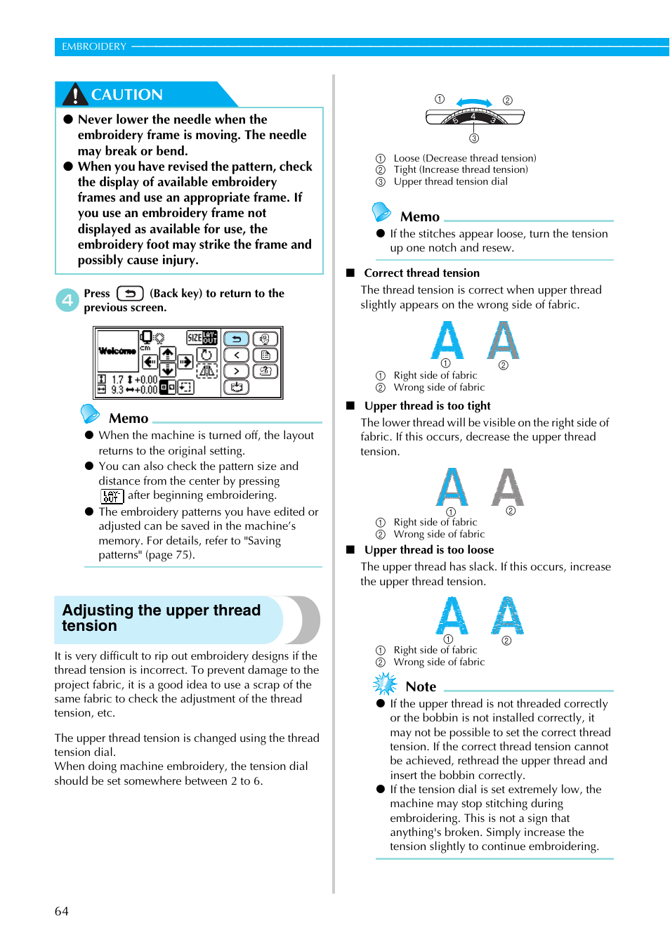 Caution, Adjusting the upper thread tension | Brother SB7050E User Manual | Page 66 / 96