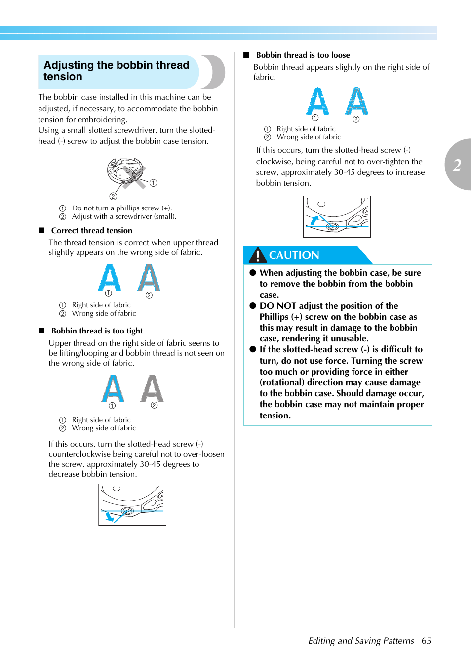 Adjusting the bobbin thread tension, Caution | Brother SB7050E User Manual | Page 67 / 96