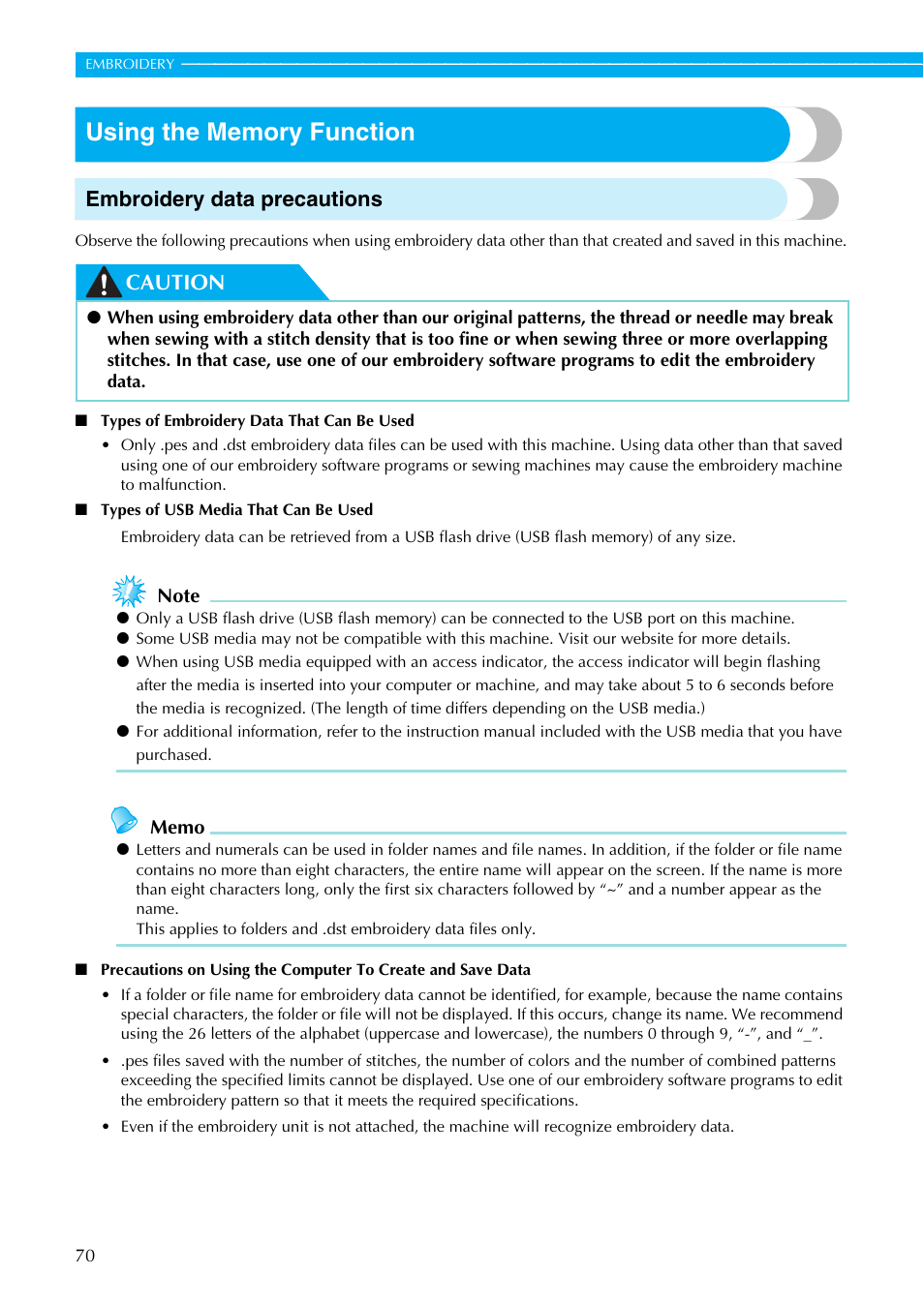 Embroidery data precautions, Caution | Brother SB7050E User Manual | Page 72 / 96