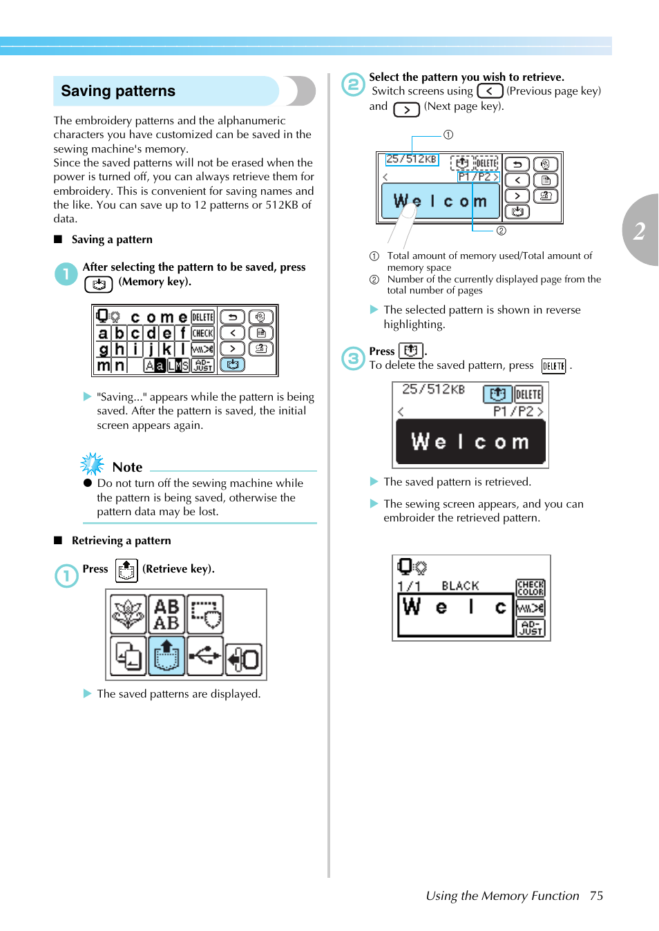 Saving patterns | Brother SB7050E User Manual | Page 77 / 96