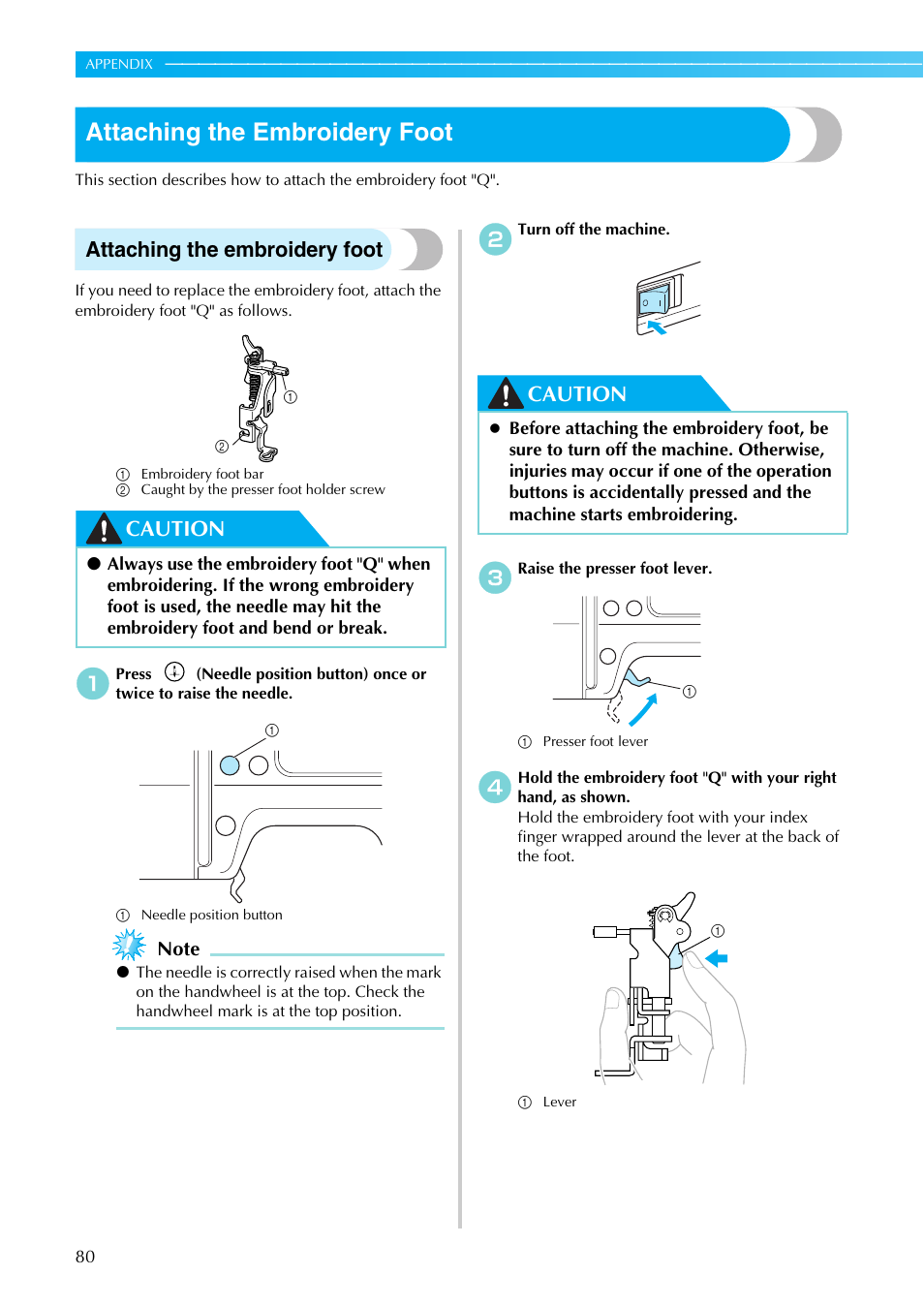 Attaching the embroidery foot, Caution | Brother SB7050E User Manual | Page 82 / 96