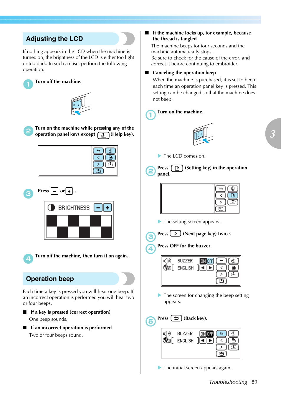 Adjusting the lcd, Operation beep | Brother SB7050E User Manual | Page 91 / 96