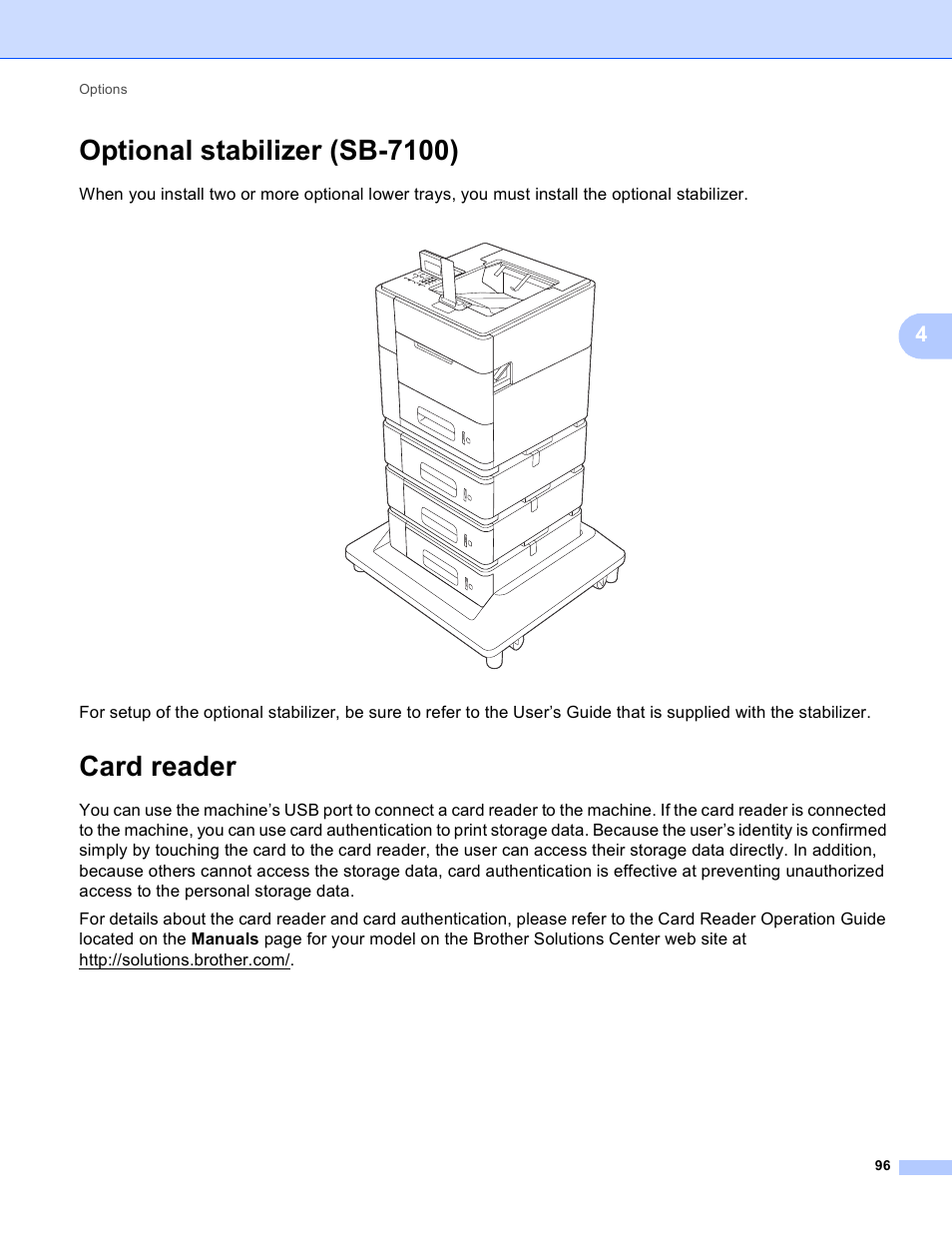 Optional stabilizer (sb-7100), Card reader, Optional stabilizer (sb-7100) card reader | Ee card reader uu | Brother HL-S7000DN User Manual | Page 102 / 161