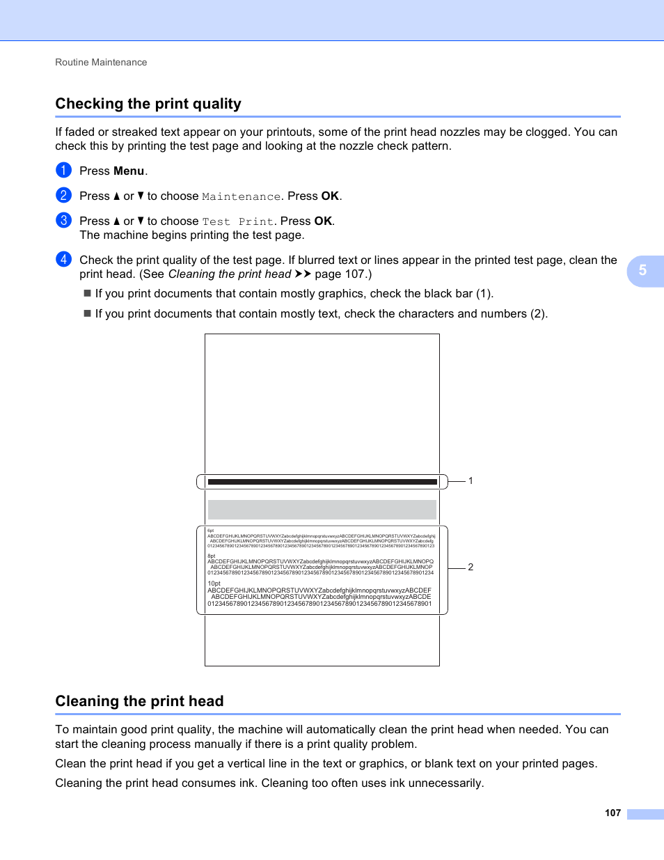 Checking the print quality, Cleaning the print head, Checking the print quality cleaning the print head | 5checking the print quality | Brother HL-S7000DN User Manual | Page 113 / 161