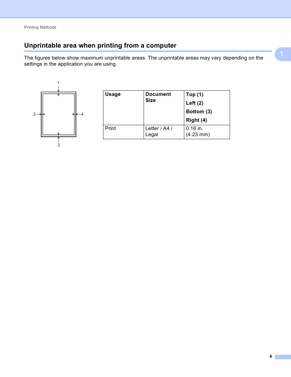Unprintable area when printing from a computer, 1unprintable area when printing from a computer | Brother HL-S7000DN User Manual | Page 12 / 161