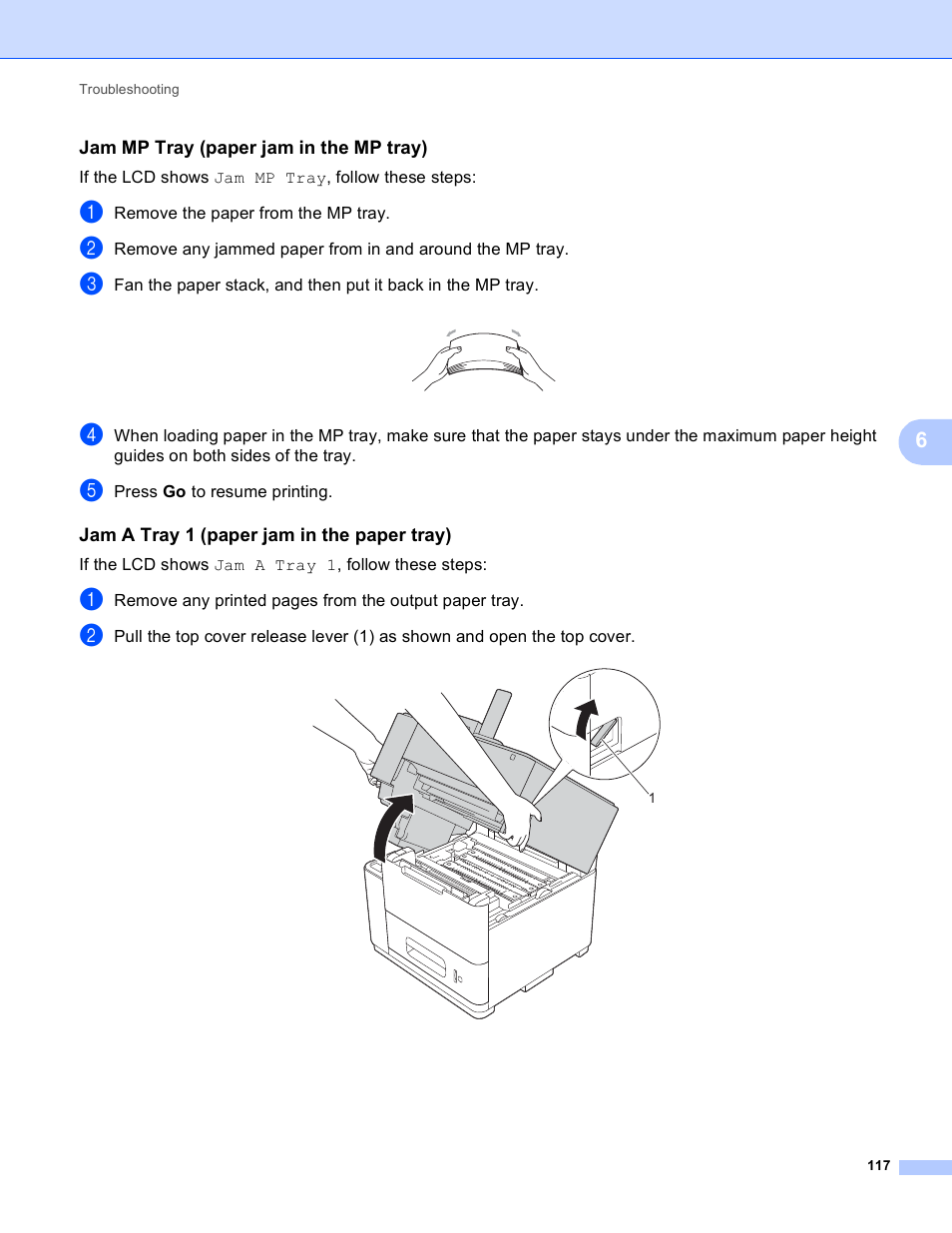 Jam mp tray (paper jam in the mp tray), Jam a tray 1 (paper jam in the paper tray) | Brother HL-S7000DN User Manual | Page 123 / 161