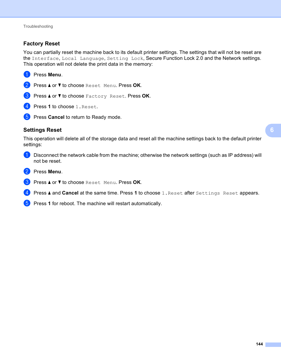 Factory reset, Settings reset | Brother HL-S7000DN User Manual | Page 150 / 161
