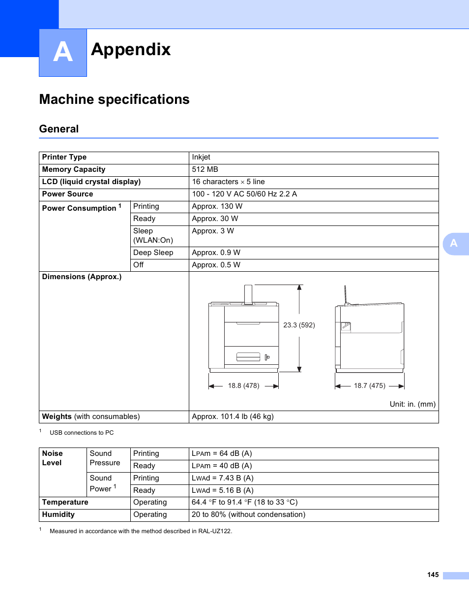 A appendix, Machine specifications, General | Appendix | Brother HL-S7000DN User Manual | Page 151 / 161