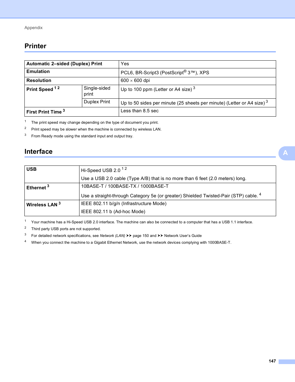 Printer, Interface, Printer interface | Aprinter | Brother HL-S7000DN User Manual | Page 153 / 161