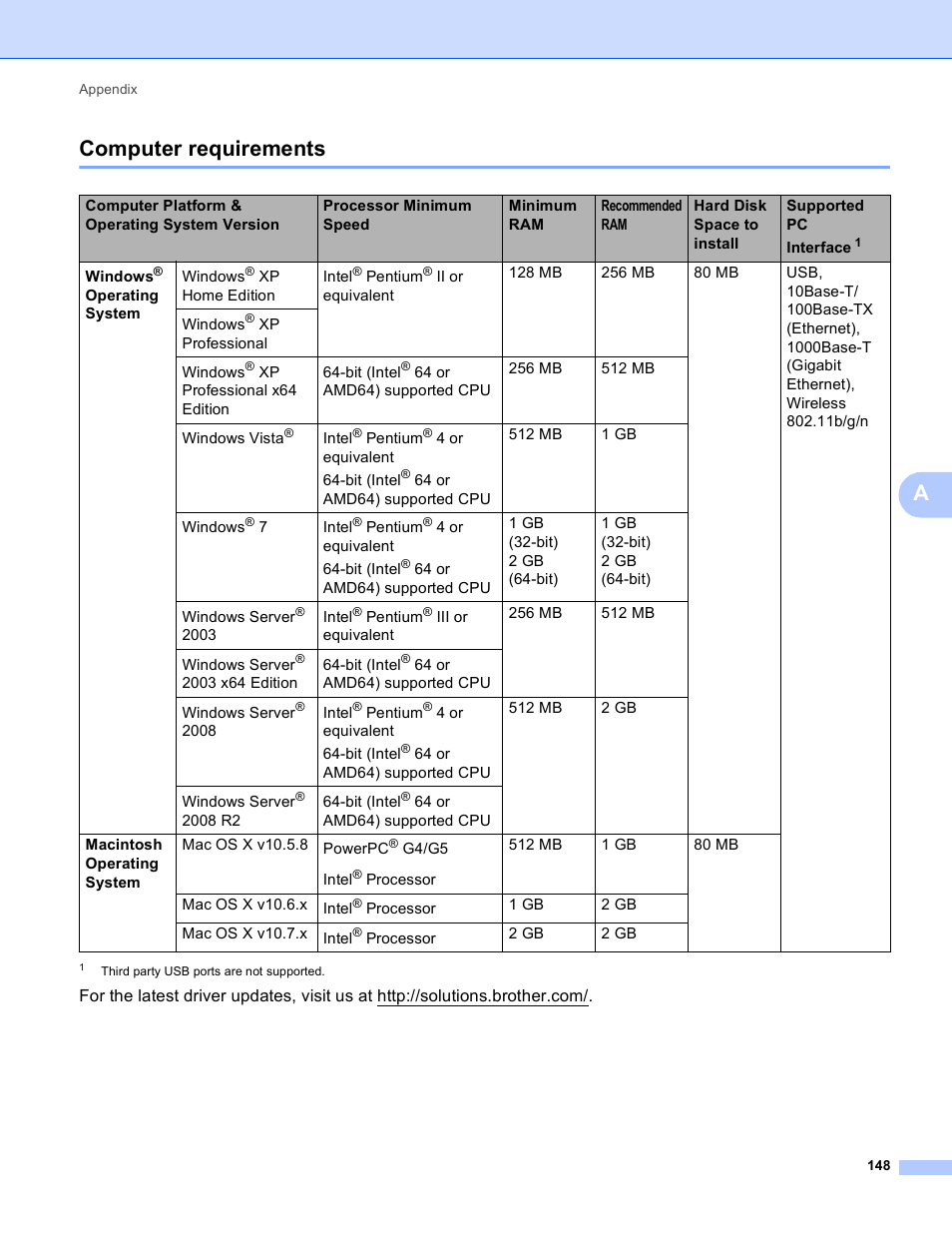 Computer requirements, Acomputer requirements | Brother HL-S7000DN User Manual | Page 154 / 161