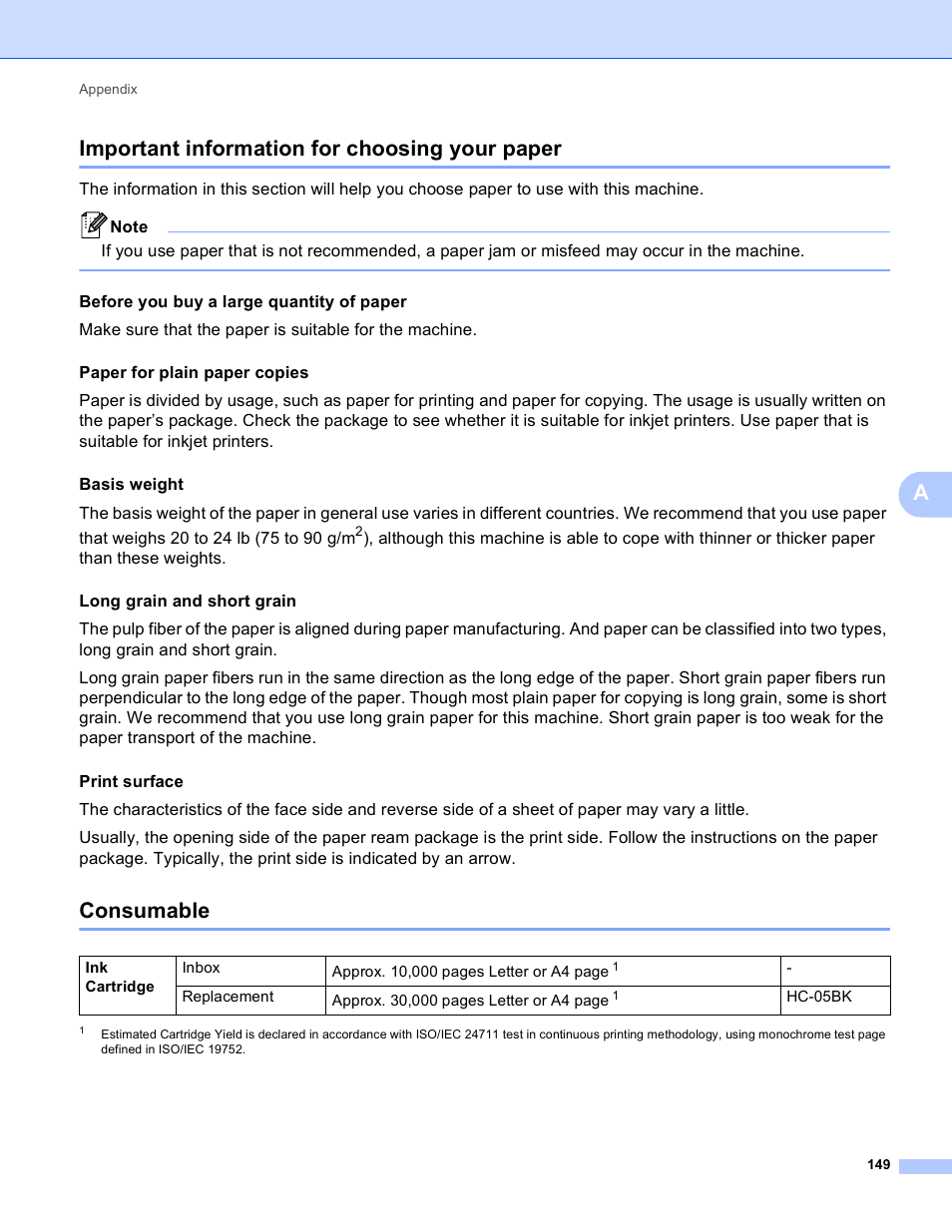 Important information for choosing your paper, Consumable, Aimportant information for choosing your paper | Brother HL-S7000DN User Manual | Page 155 / 161