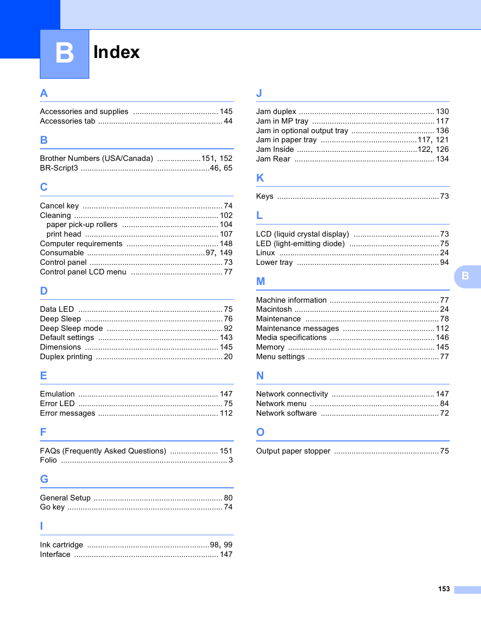 Index | Brother HL-S7000DN User Manual | Page 159 / 161