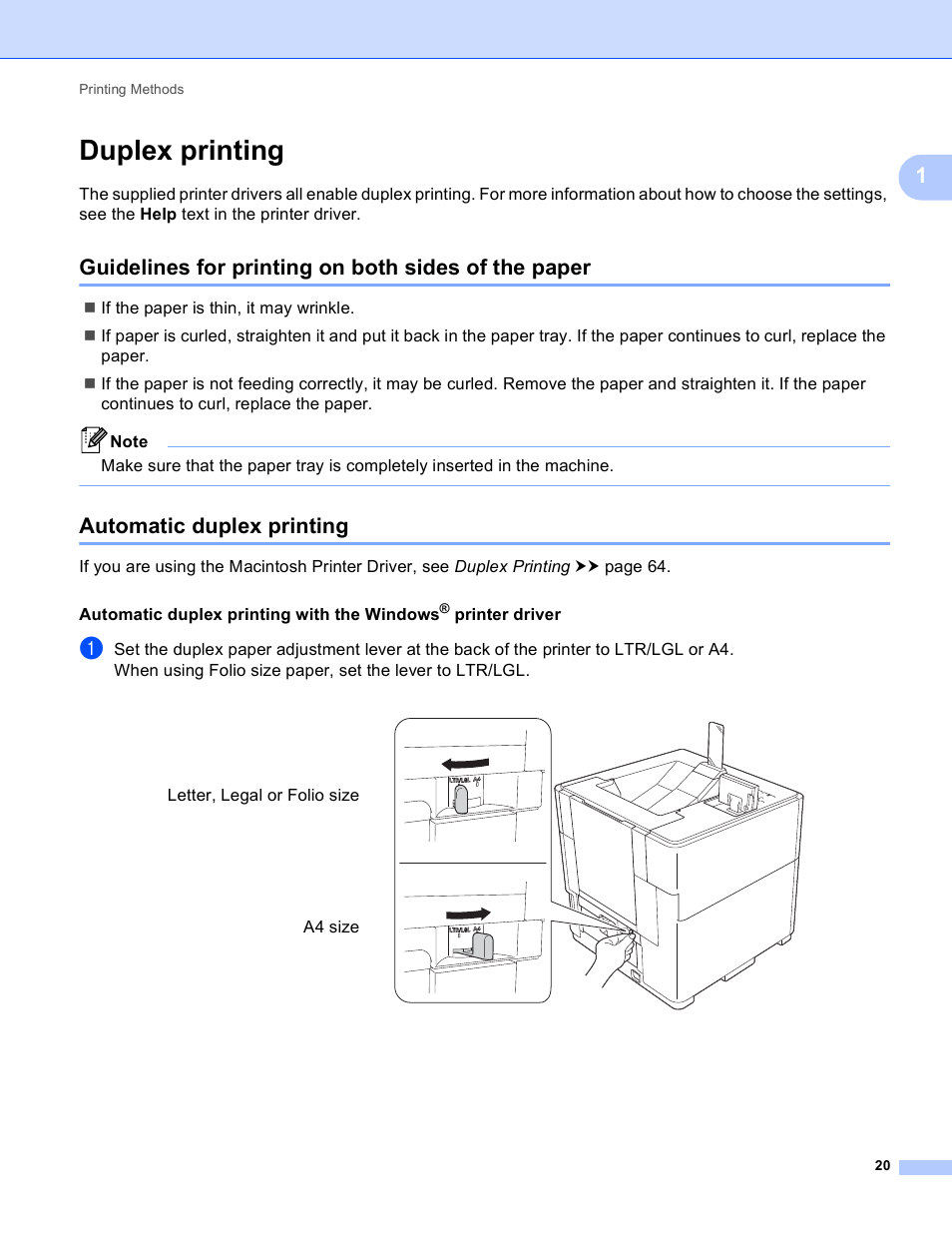 Duplex printing, Guidelines for printing on both sides of the paper, Automatic duplex printing | Brother HL-S7000DN User Manual | Page 26 / 161